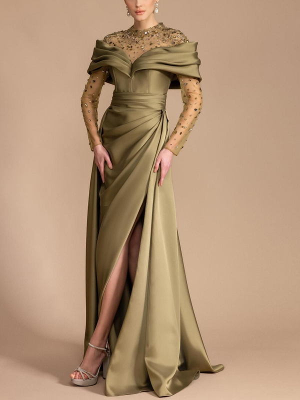 Round Neck Lace Long Sleeve Solid Color Maxi Dress