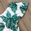 Kids Girl Off-shoulder Printed Green Leaf Jumpsuit Set