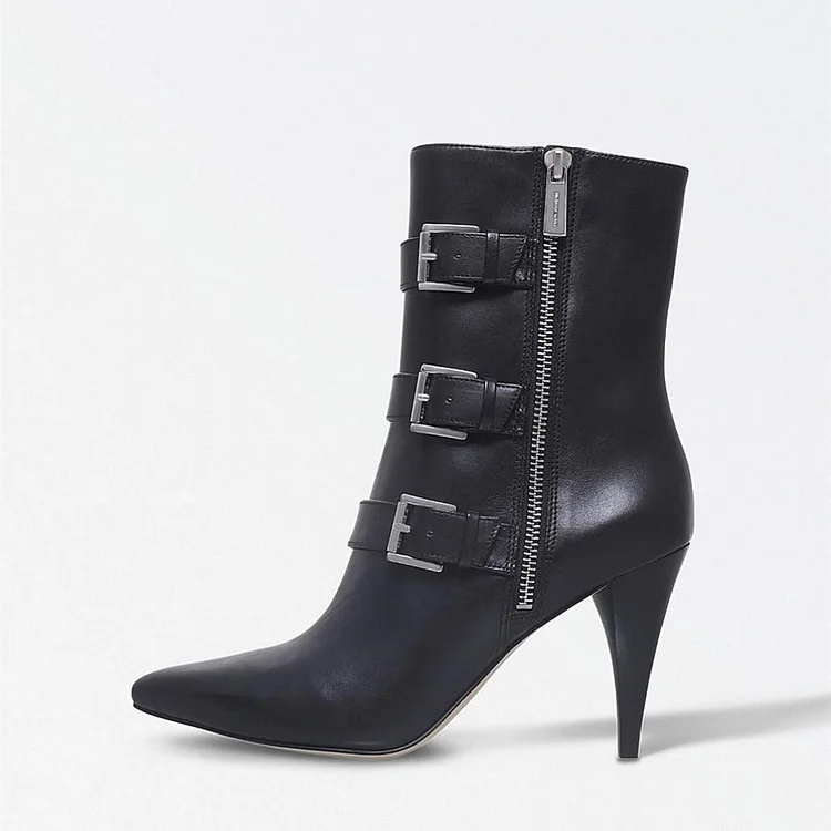 Black Buckles Ankle Boots Cone Heel Boots |FSJ Shoes