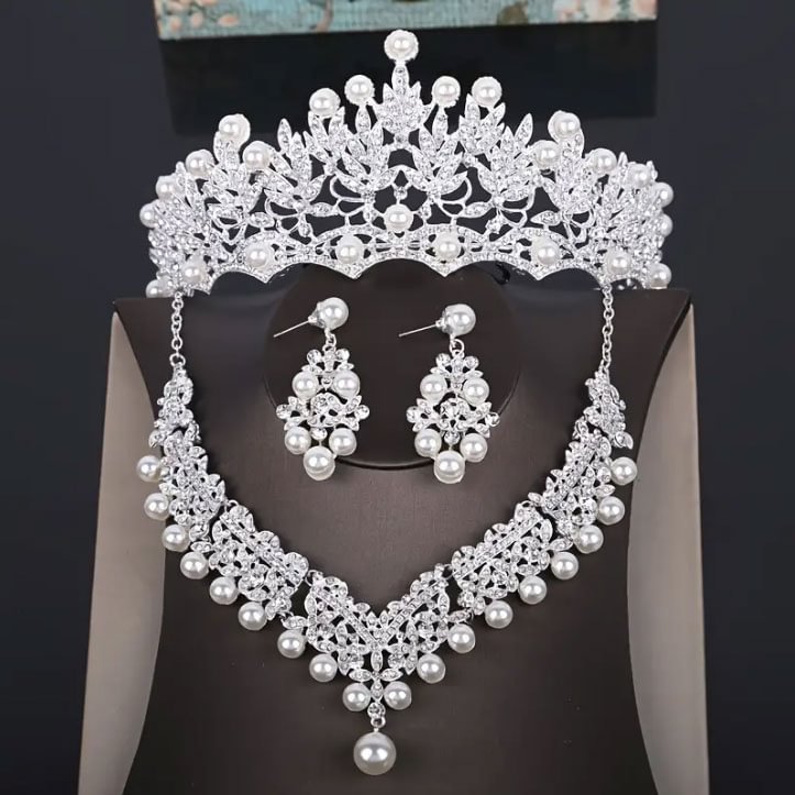 Rhinestone Necklace Earrings Crown Tiaras Set
