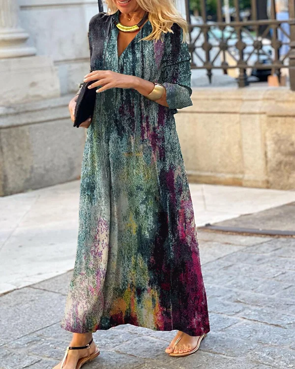 Vintage Art Print V-Neck Long Sleeve Dress