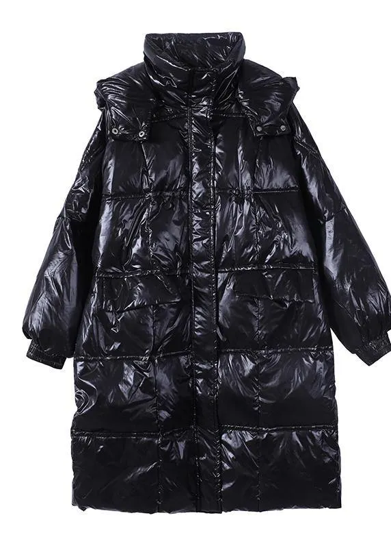 New trendy plus size womens parka coats black hooded pockets zippered down coats