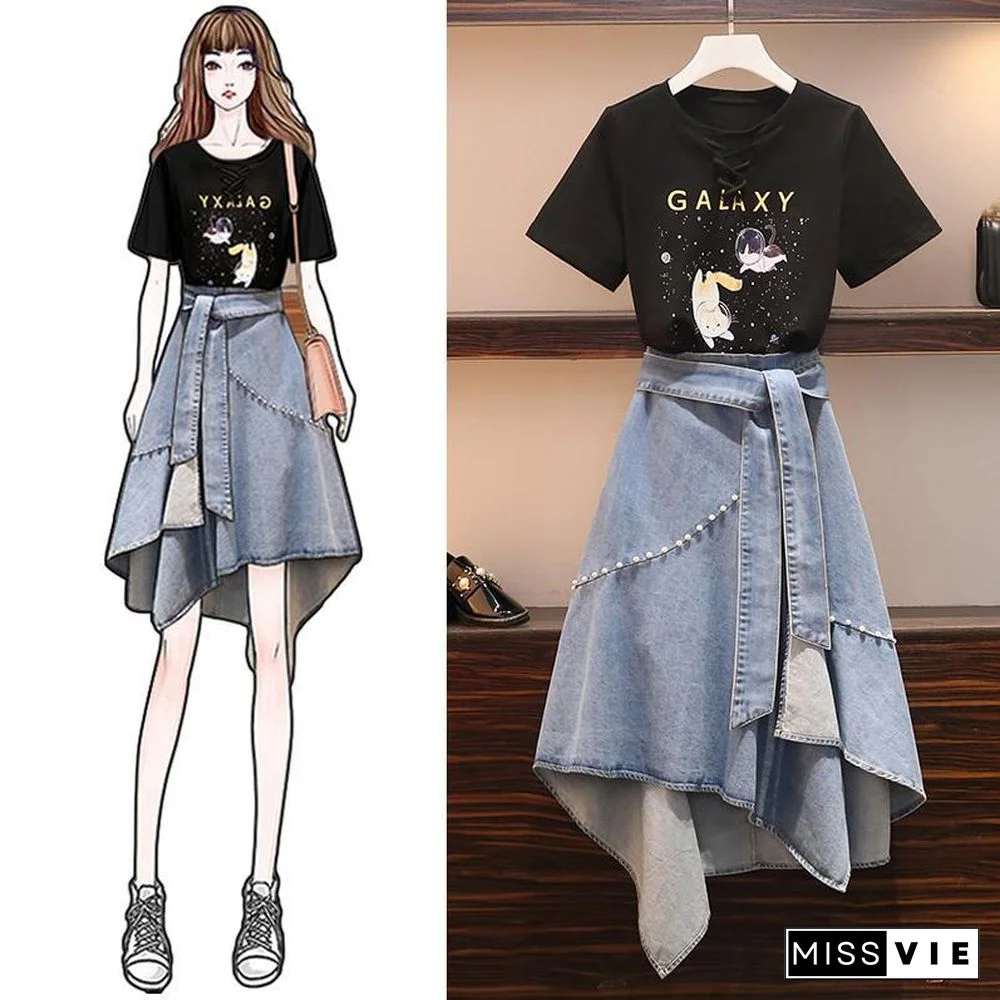 Cute Kitten T-shirt+Chic Denim Skirt P11157