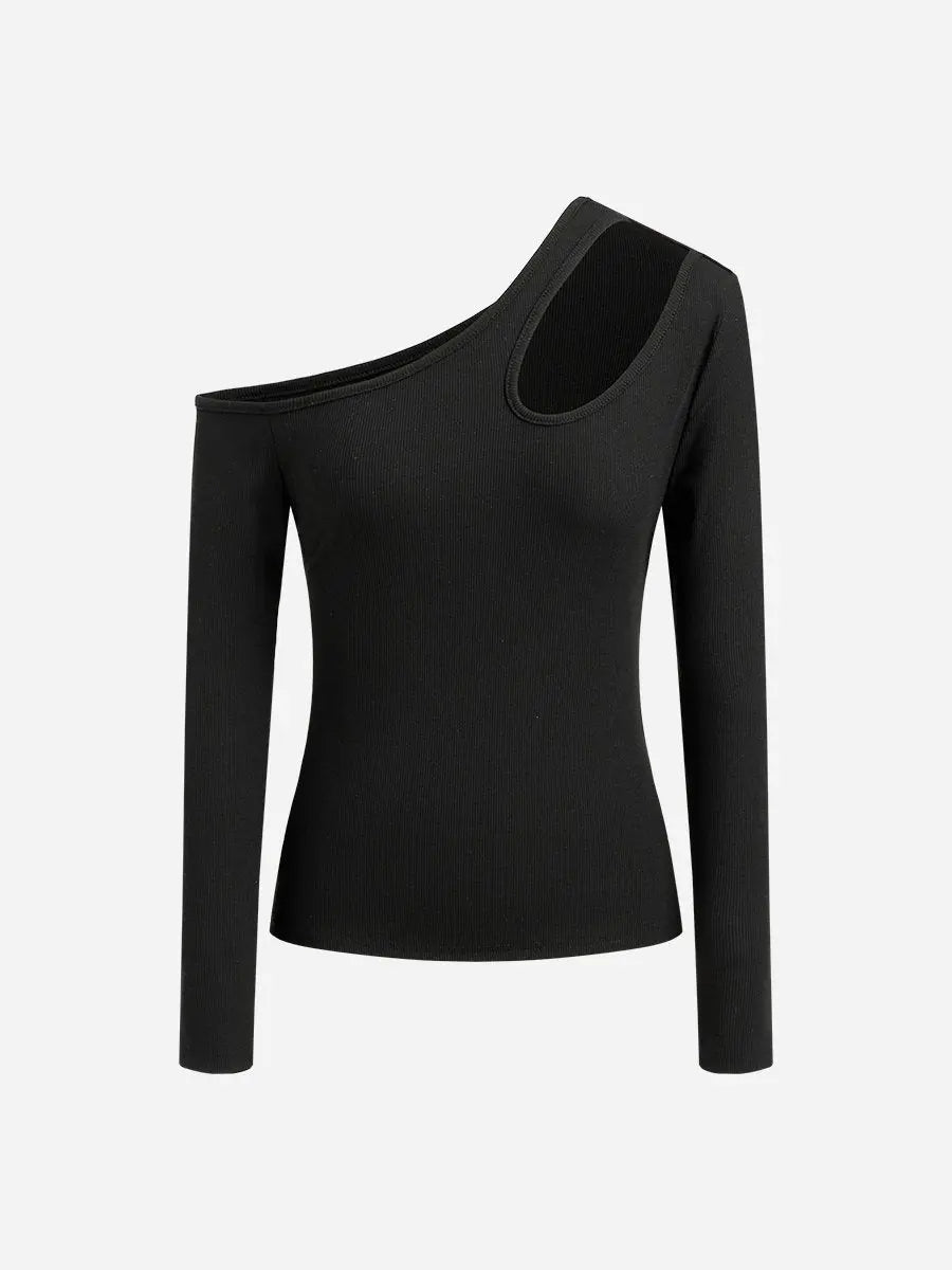 Sloping Shoulder Hollow Out Long Sleeve T-Shirts