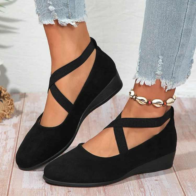 💃🔥Last day promotion 37% discount🔥Elegant Solid Color Elastic Strap Low Wedge Shoes