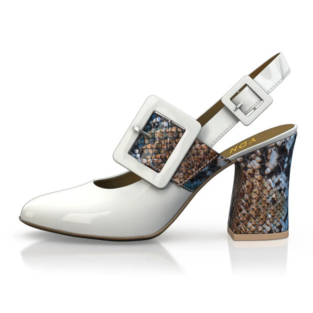 White Patent Leather Snakeskin Patchwork Buckle Slingback Chunky Heels