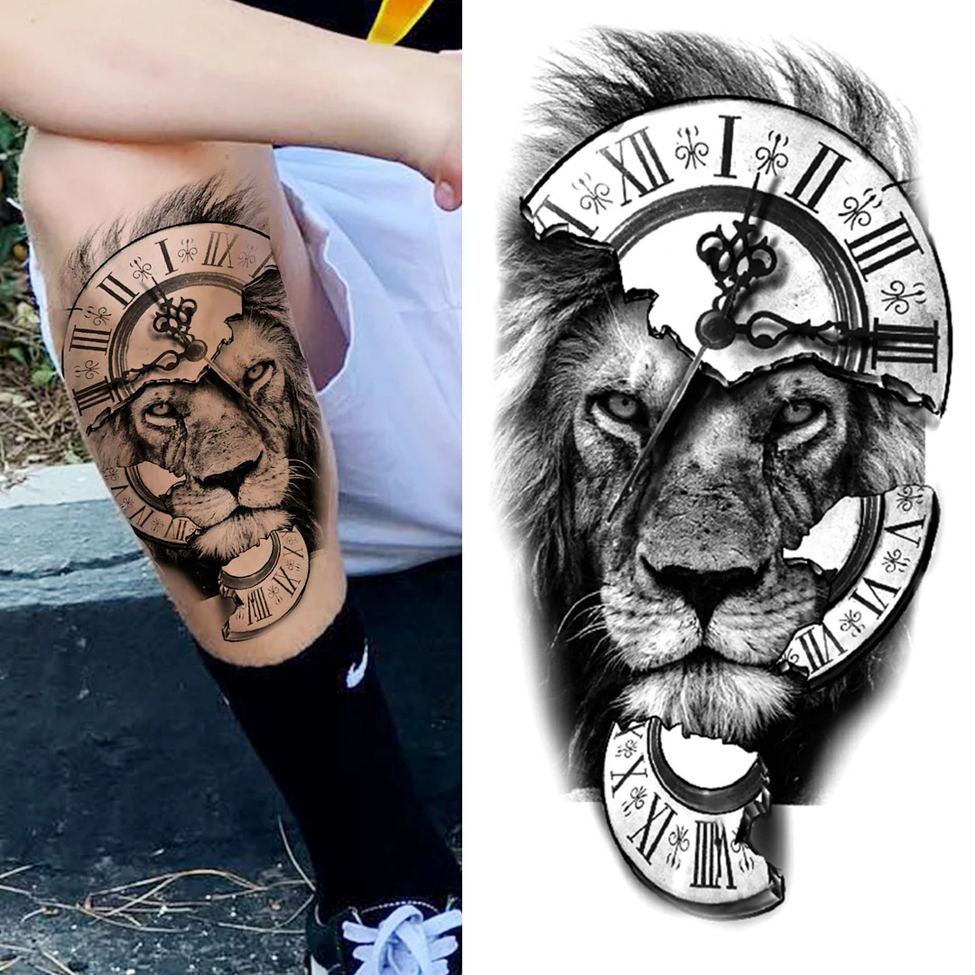 Sdrawing Lion Temporary Tattoo For Men Women Adult Kid Black Compass Wolf Tattoos Sticker Cross Flower Crown Body Art Tatoos Thigh