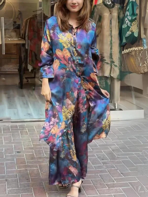 🔥Women's Printed Lapel Button-Down Shirt and Pants 2-Piece Set