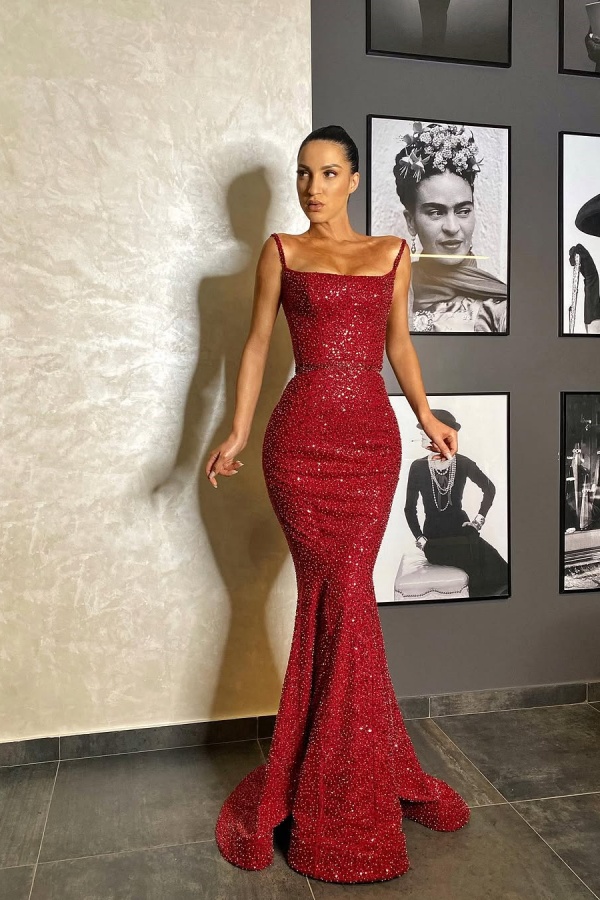 Red Spaghetti-Straps Charming Sequins Mermaid Evening Dress | ZT0363