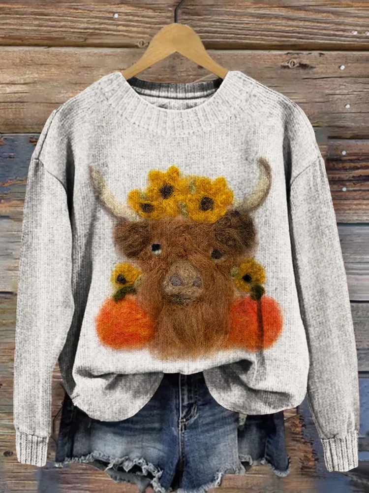 VChics Felted Highland Cow Pattern Crew Neck Comfy Sweater