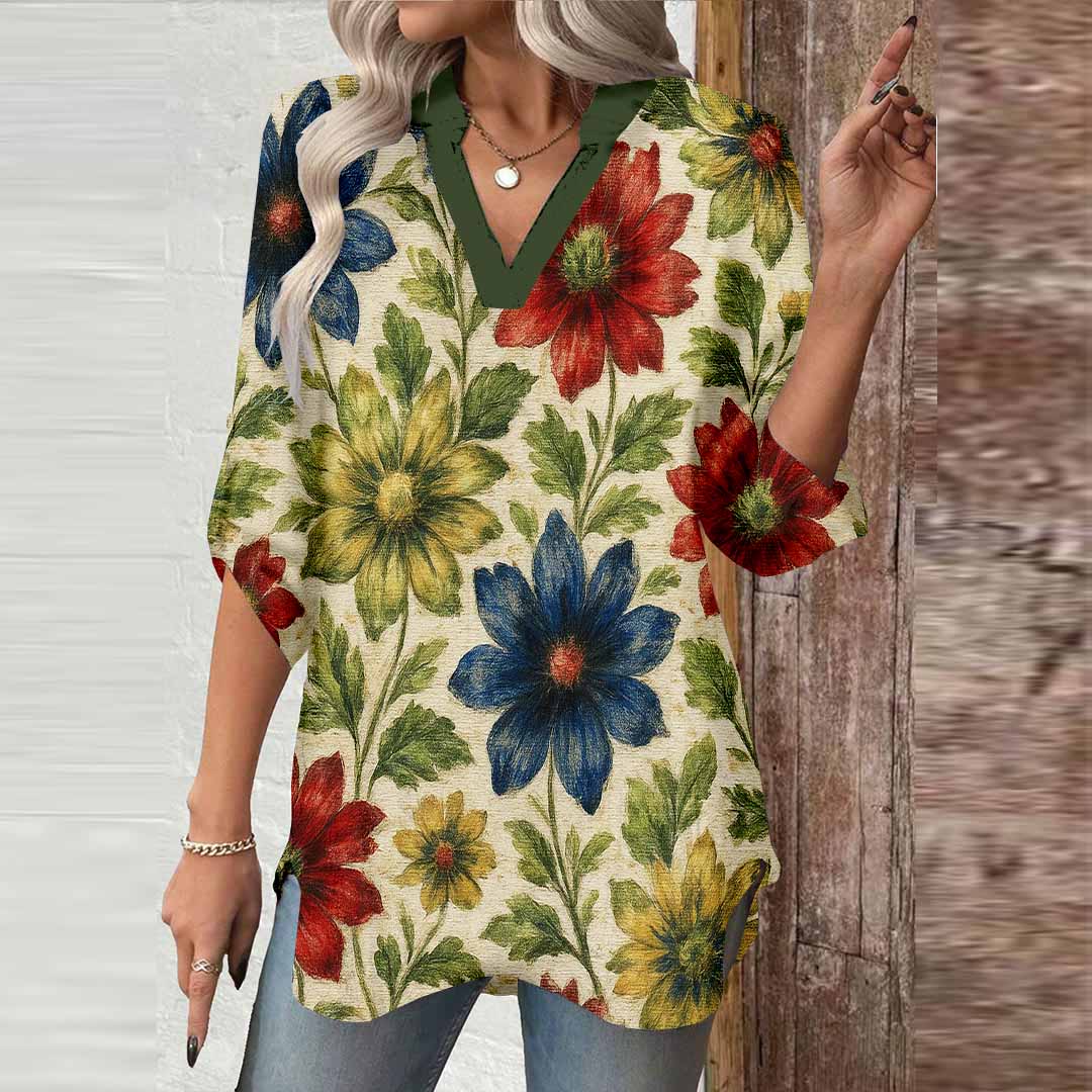 Women Floral, Yellow, Red, Blue DZGA0204 3/4 Sleeve V-neck Printed Graphic Button Tops