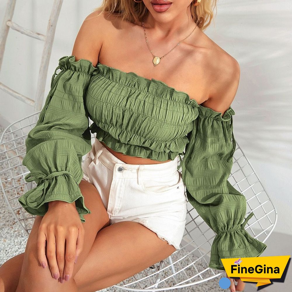 Chic Casual Women Blouses New Solid Color Sexy Navel Fungus Edge Slim Fit Folds Wrap Chest Full Flared Sleeve T-shirt