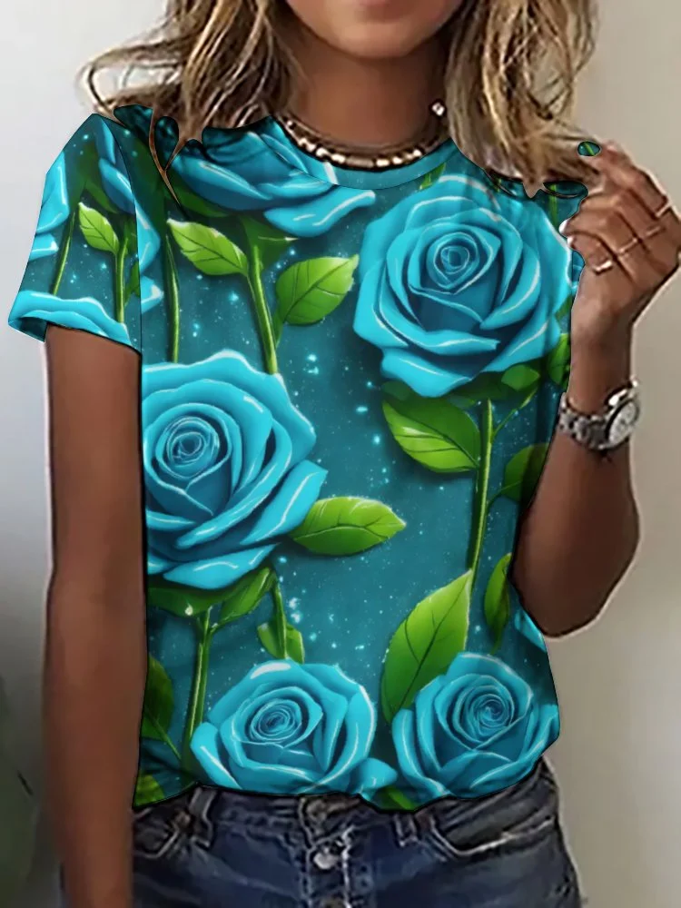 Printed Short Sleeve Casual T-shirt for  Women and Men Unisex Pattern Turquoise, Floral, Rose