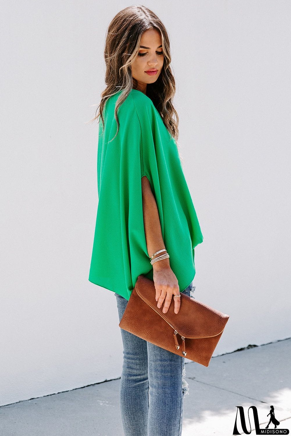 MidiSono - Draped Dolman Sleeves V Neck Blouse