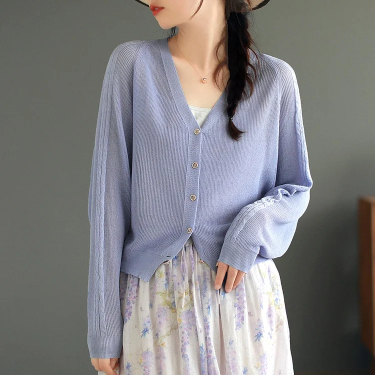 Spring Summer V-Neck Thin Linen Knitted Cardigan