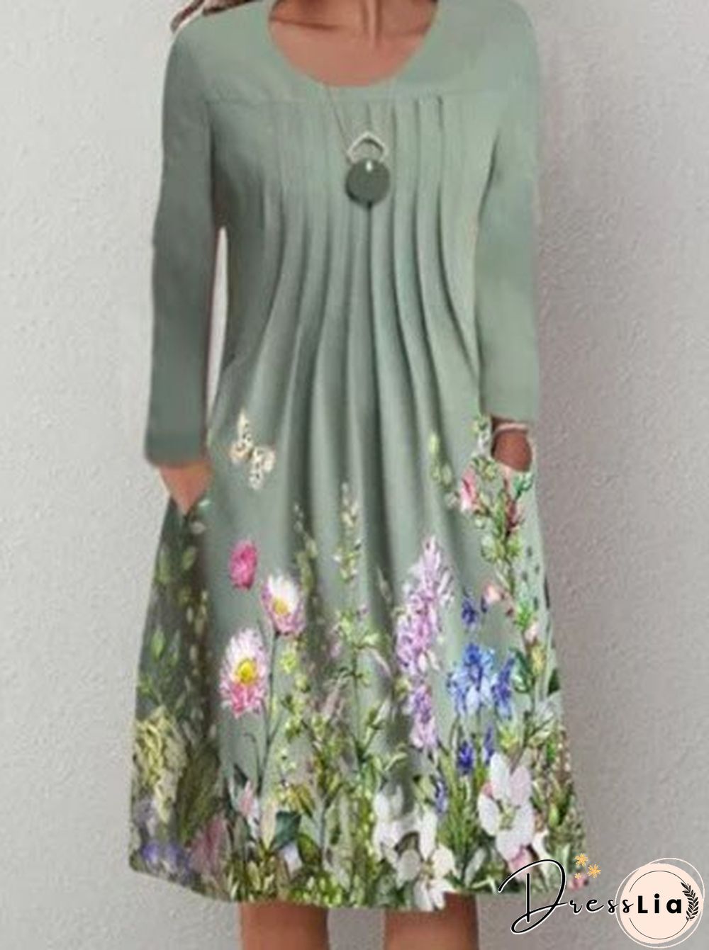 Spring/Summer Floral Print Round Neck Pullover Midi Dress Women's Long Sleeve Vintage Dress