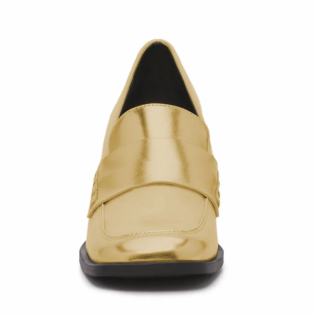 YDN Gold Metallic Finish Square Toe Block Heel Women's Loafers