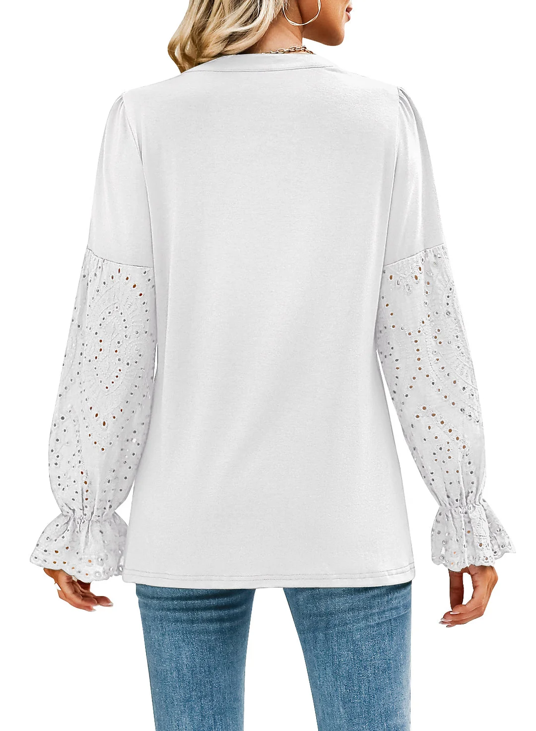 MIHOLL Women V Neck Long Sleeve Shirt Lace Crochet Loose Casual Top Blouse