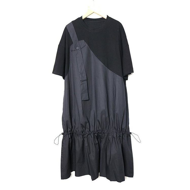 Fashion Loose O-neck Patchwork Short Sleeve Fake Two Pieces Drawstring Hem Dress      