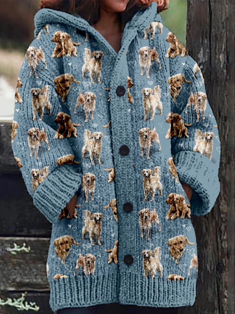 The Golden Retriever Pattern Cozy Hooded Cardigan