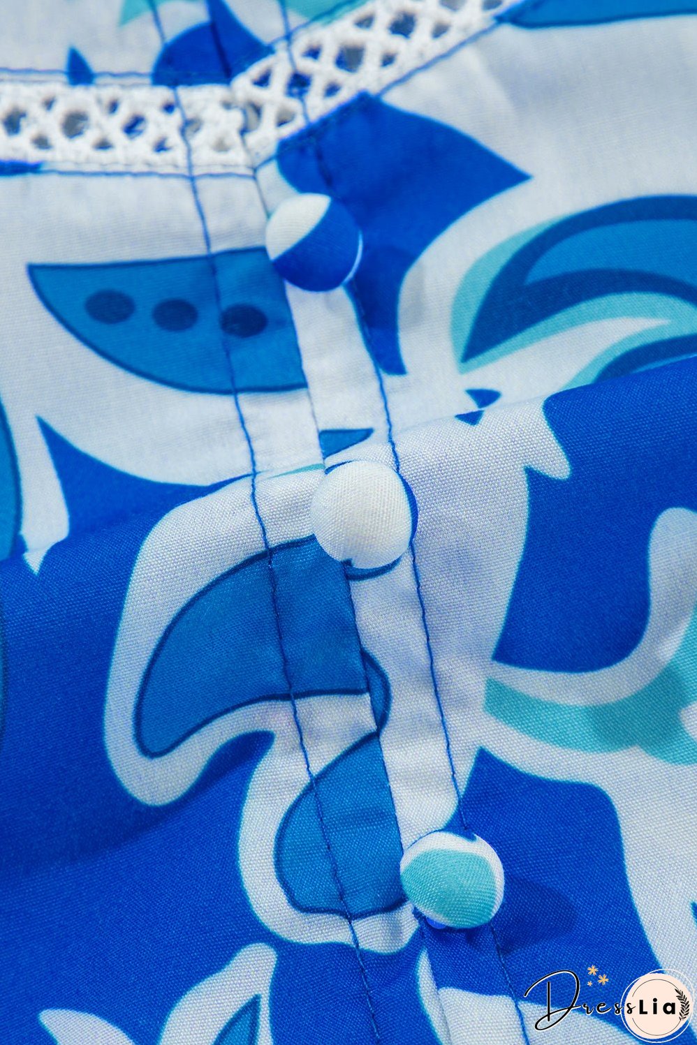 Blue Mix Floral Printed Lace Detail Bracelet Sleeve Blouse