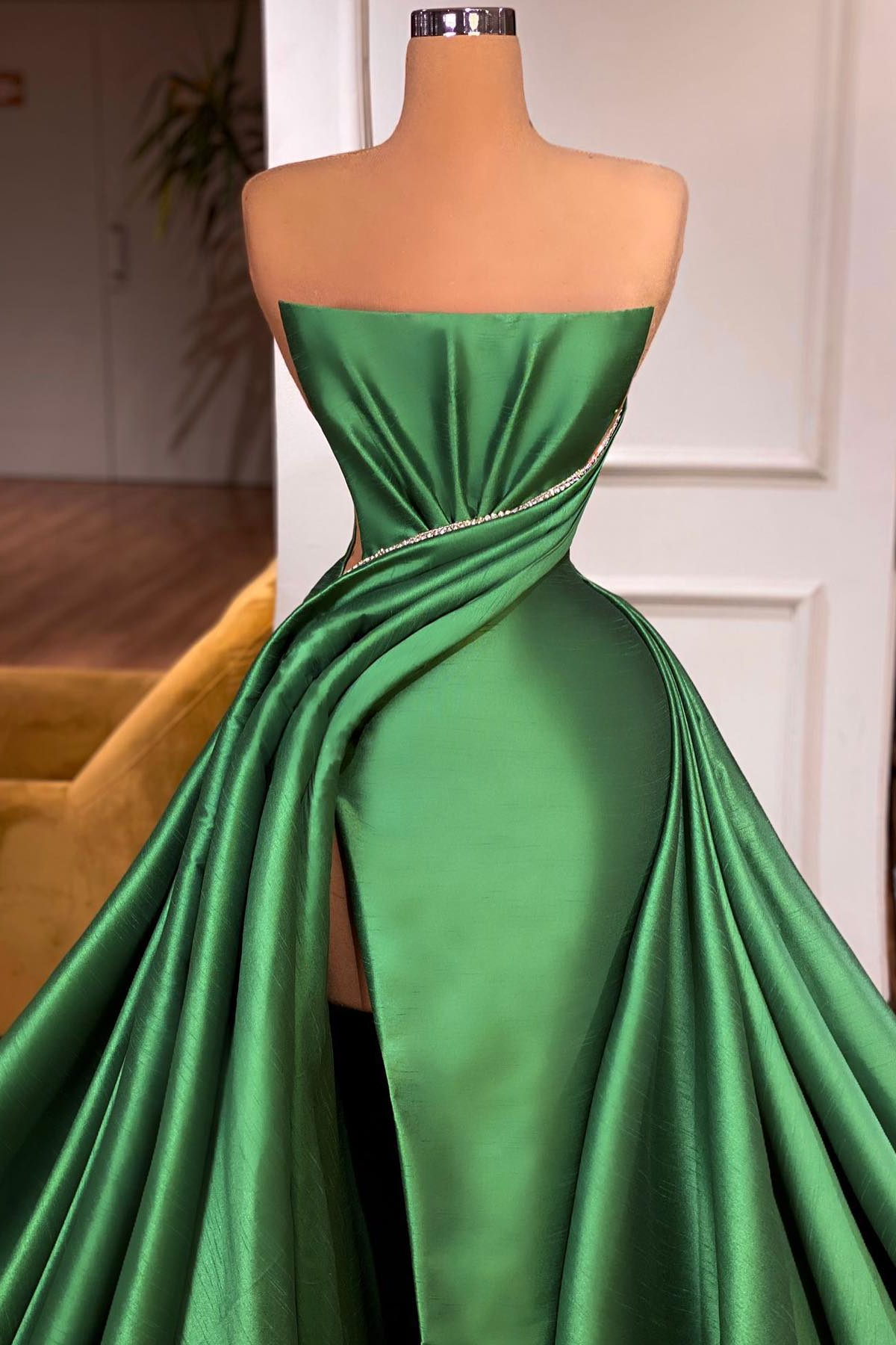 Luluslly Emerald Green Strapless Sleeveless Prom Dress Beadings With Split