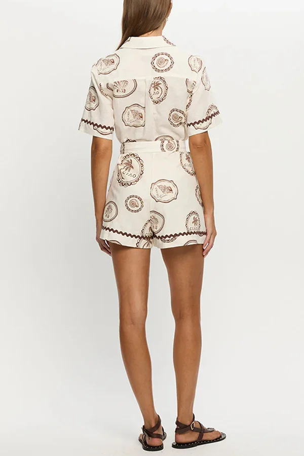 Resort Style Print Lapel Short Sleeves Casual Pocket Waist Tie Loose Rompers