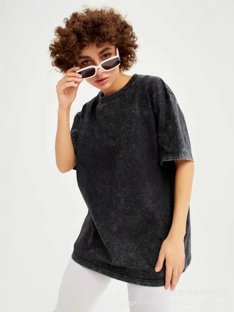 Athvotar Athvotar Spring And Summer New Solid Color T-Shirt Women's Water Wash To Make Old Batik Coat Hot Cotton Short Sleeves