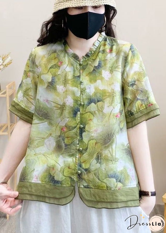 Organic Purple Print Patchwork Ruffled Linen Shirt Top Summer