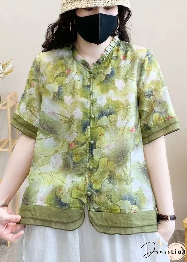 Organic Purple Print Patchwork Ruffled Linen Shirt Top Summer