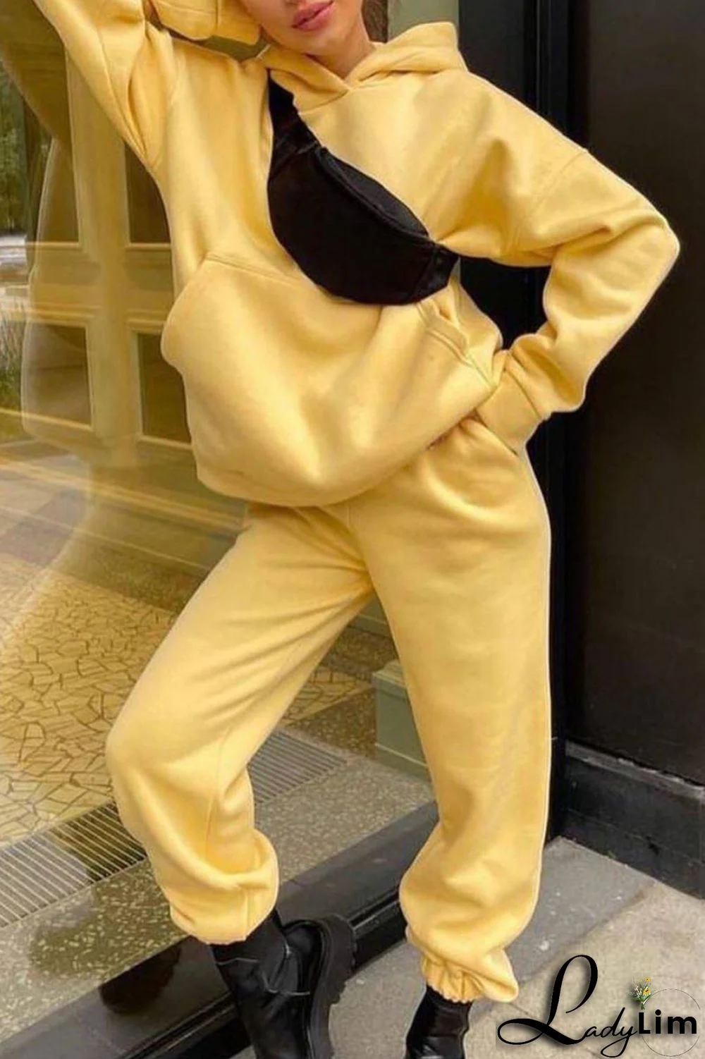 Black Casual Solid Split Joint Hooded Collar Long Sleeve Two Pieces