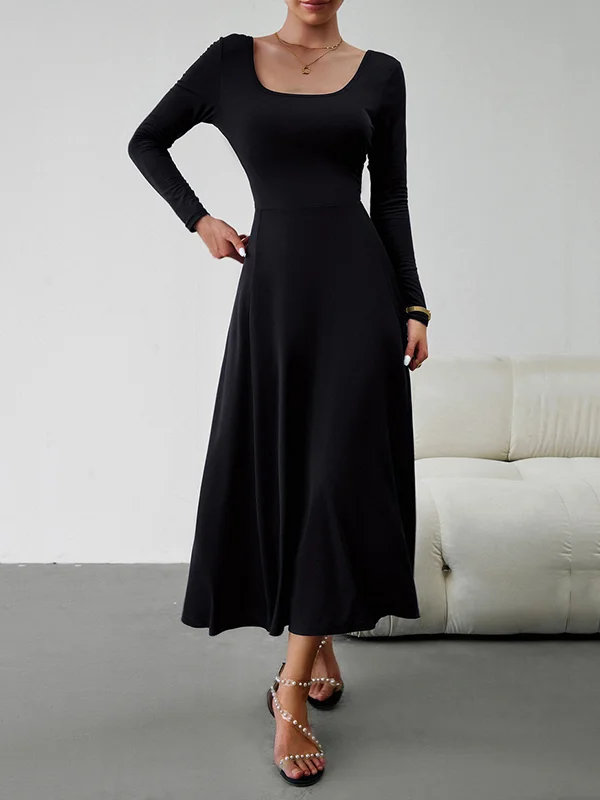 U-Neck Midi Dress with A-Line Silhouette and Tied Waist Detail