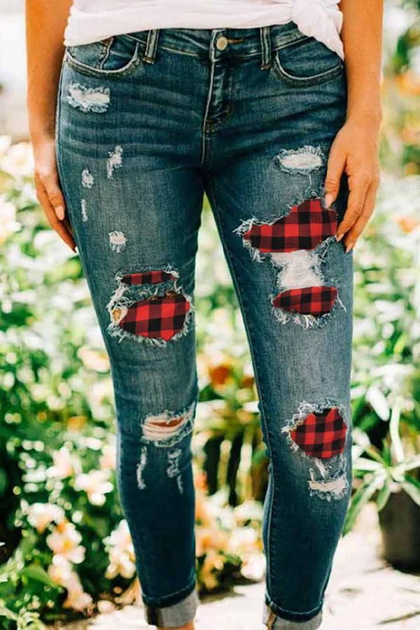 Womens Retro Ripped Slim Check Panel Jeans-Allyzone-Allyzone