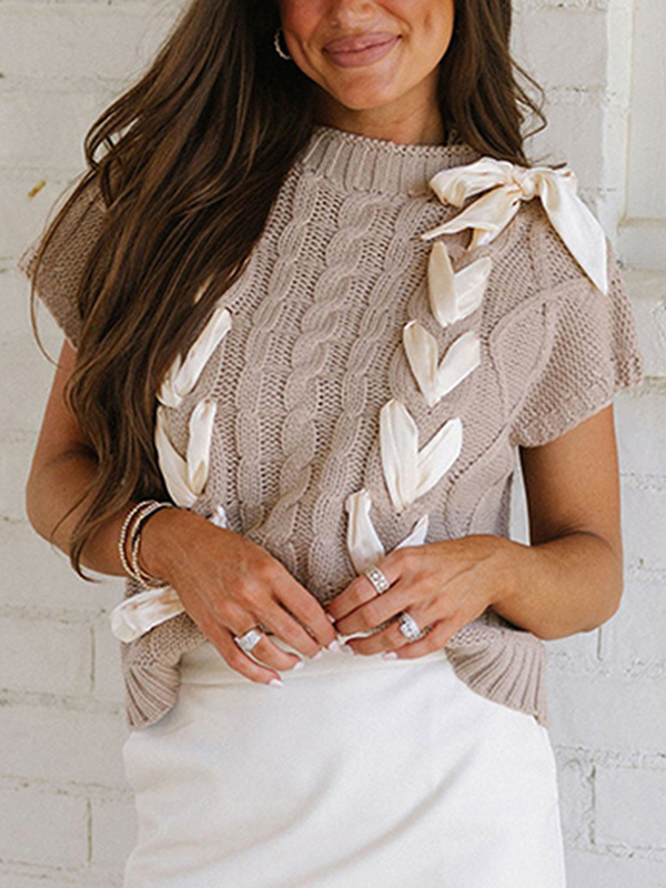 Round Neck Short Sleeve Satin Bow Tie Sweater