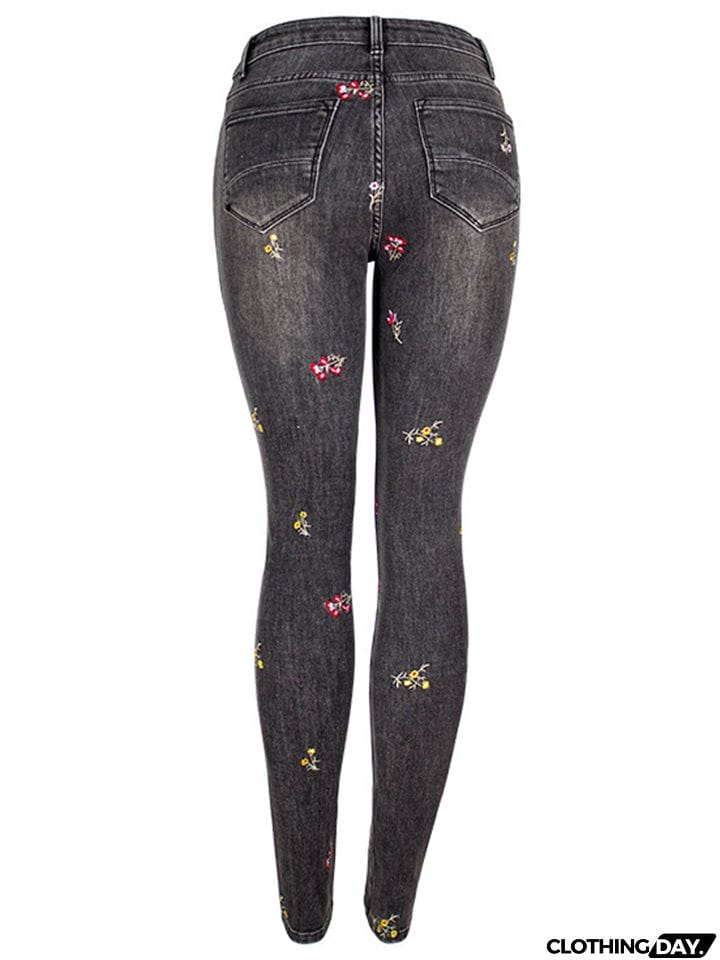 Lovely Small Floral Embroidery Slim Fit Black Denim Jeans for Women