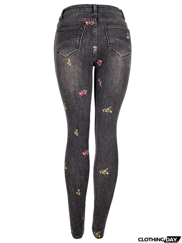 Lovely Small Floral Embroidery Slim Fit Black Denim Jeans for Women