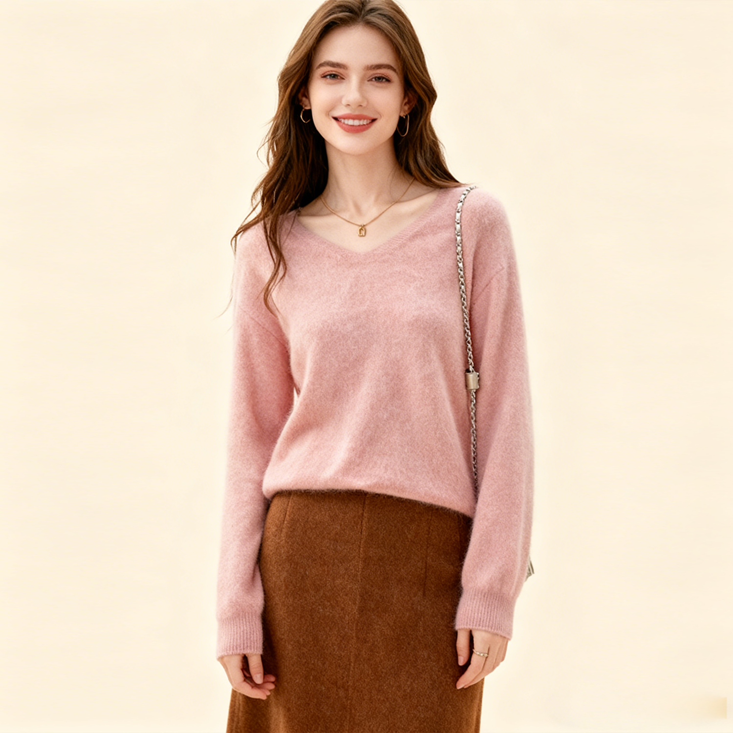 Women's Brushed Wool V-Neck Sweater-Base Layer REAL SILK LIFE