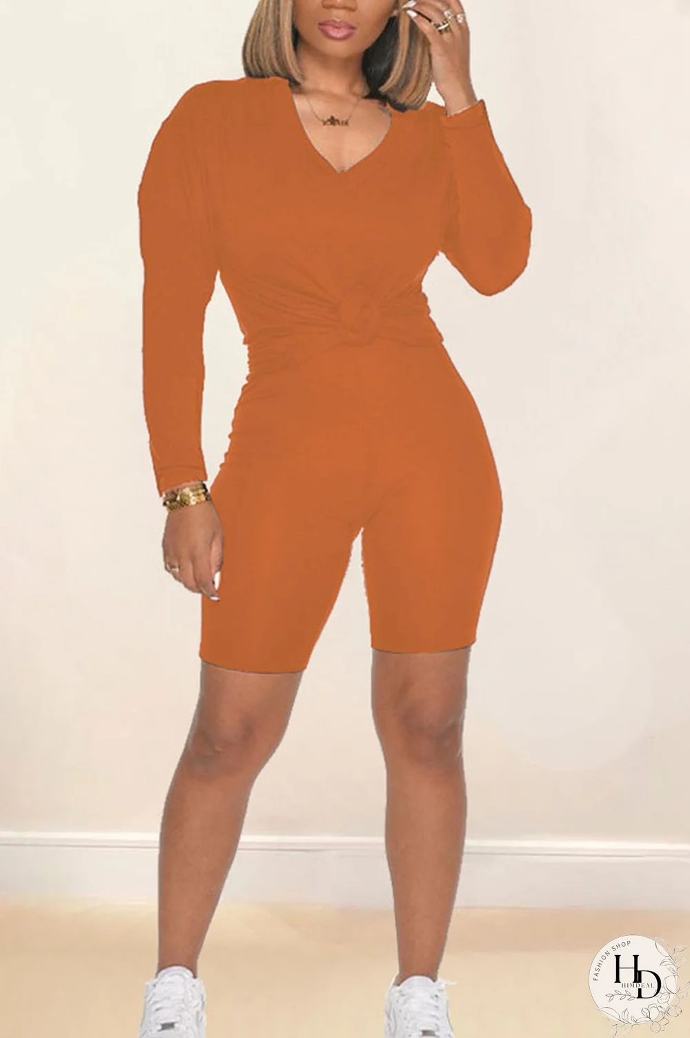 Orange Casual Sportswear Cotton Solid V Neck Long Sleeve Regular Sleeve Regular Two Pieces