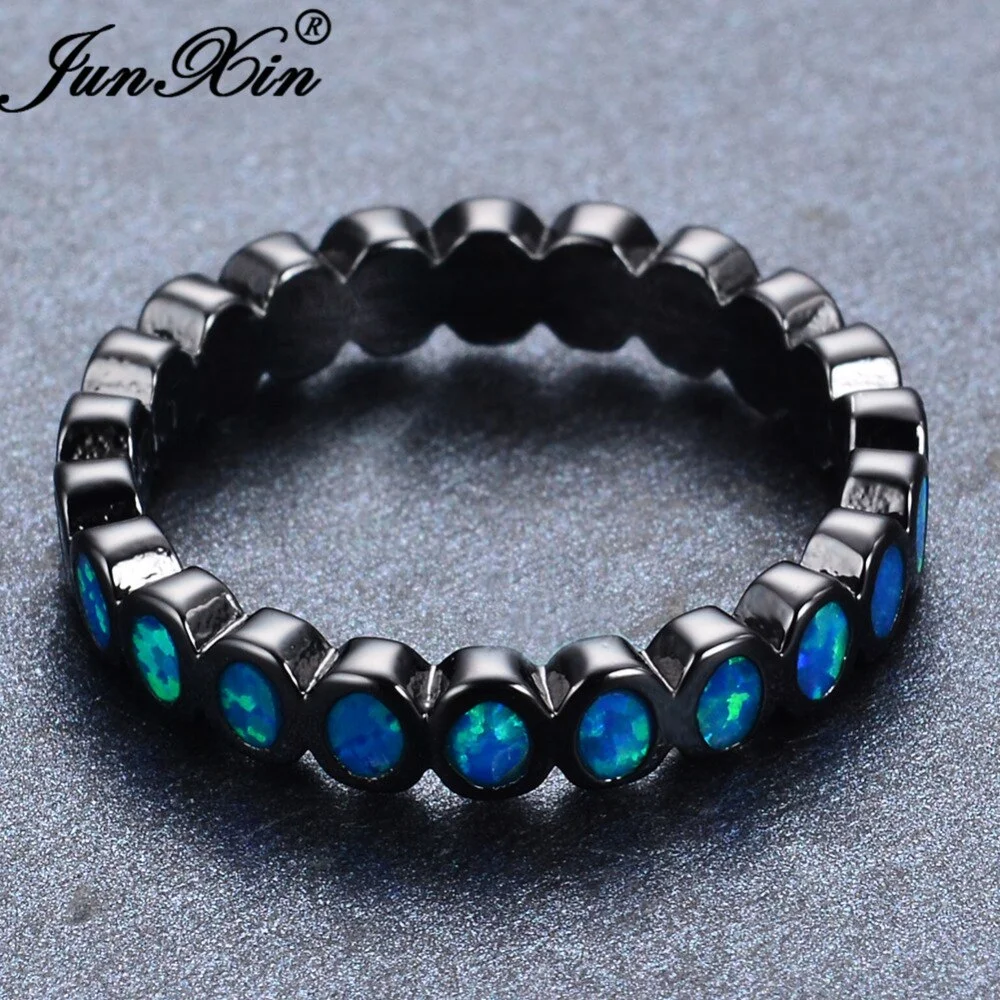 JUNXIN Unique Blue Fire Opal Circle Rings For Women Men Black Gold Filled Wedding Party Engagement Promise Ring Birthday Gift