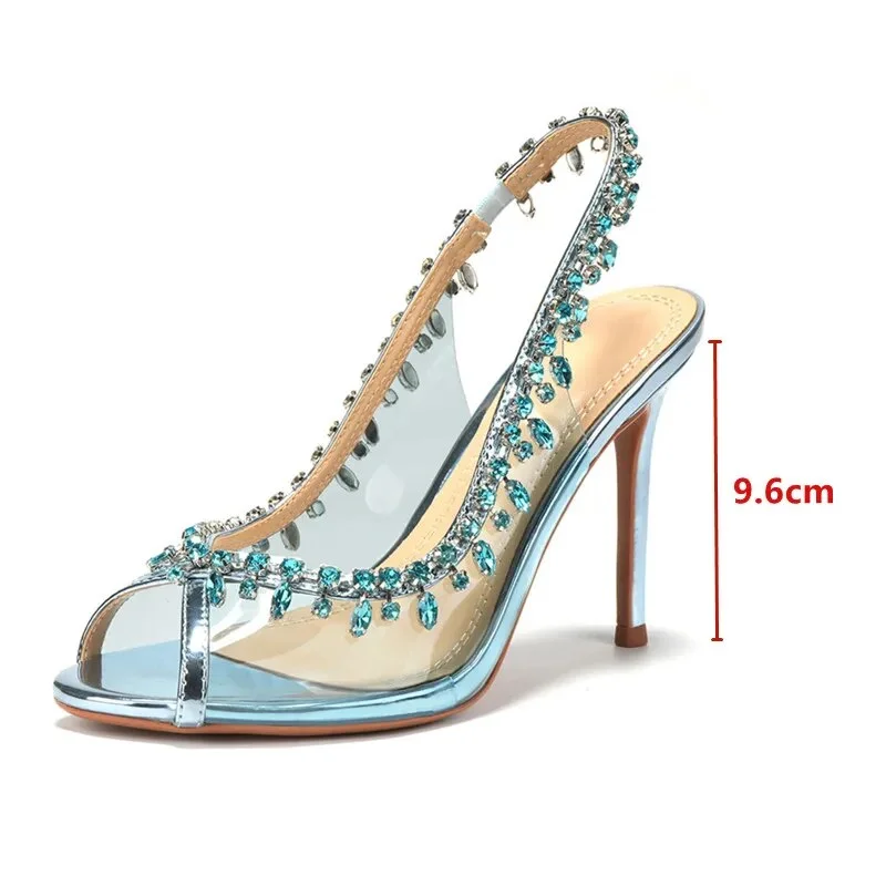 Cartoonh Crystal Pendant Slingbacks Women Pumps Sexy Peep Toe Transparent PVC Thin High heels Spring Autumn Party Wedding Shoes