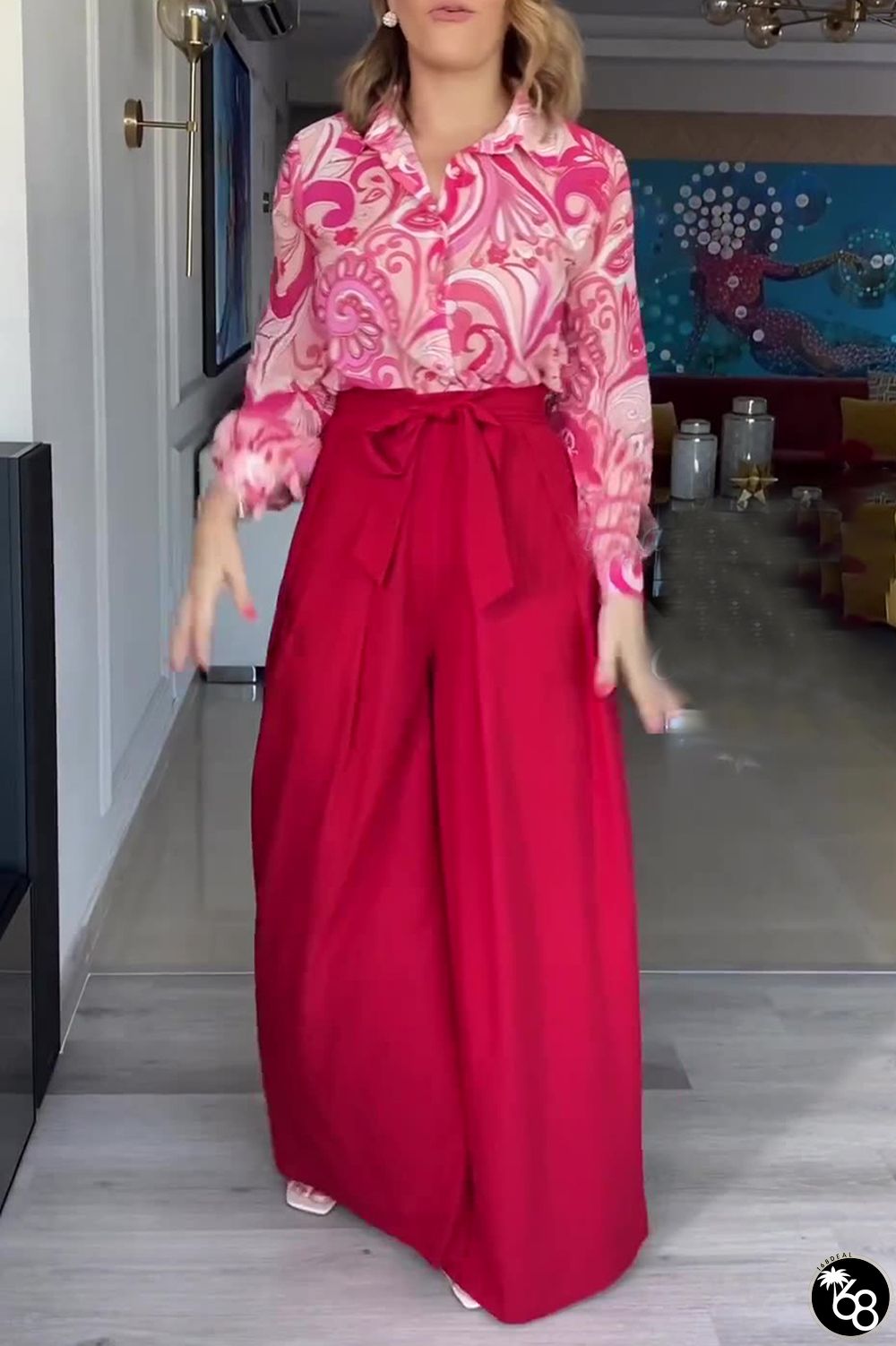 Red Elegant Floral Bandage Turndown Collar Long Sleeve Two Pieces | 168DEAL