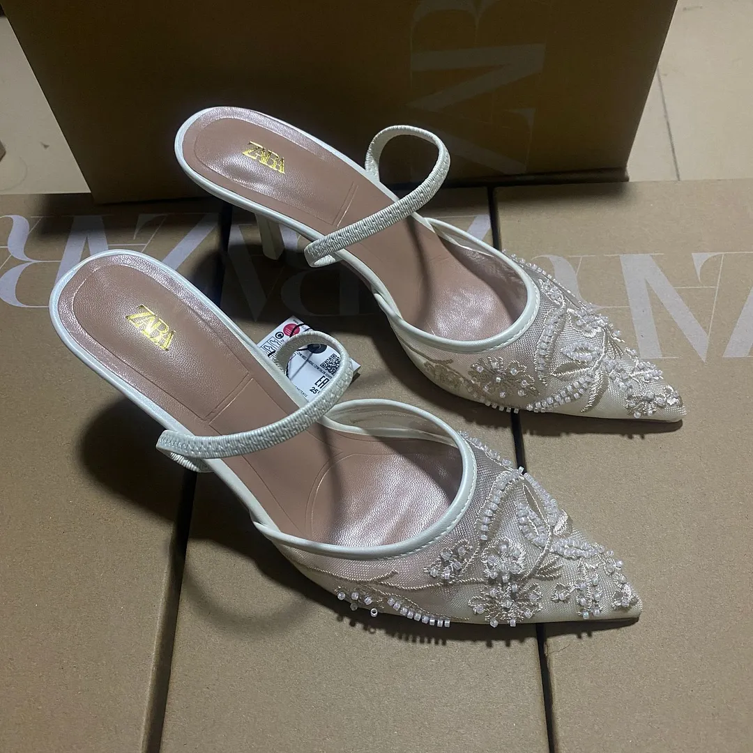 Breakj Breakj 2025 New New Products Sharp Head Behind The Empty Solid Color Embroidery Mesh Fine High Heel Muller Shoes 8236
