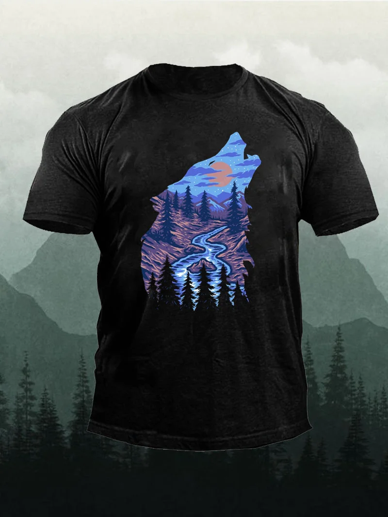 Men's Colorful Forest Wolf Roaring Short-Sleeved Shirt in  mildstyles
