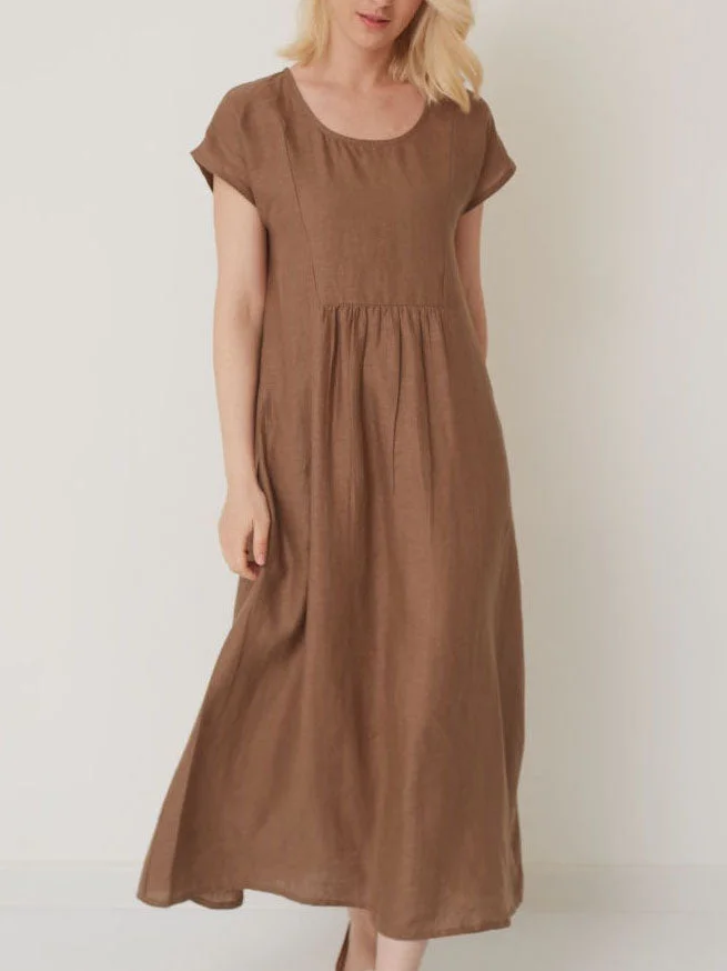 Short Sleeve Mid Length Cotton Linen Dress