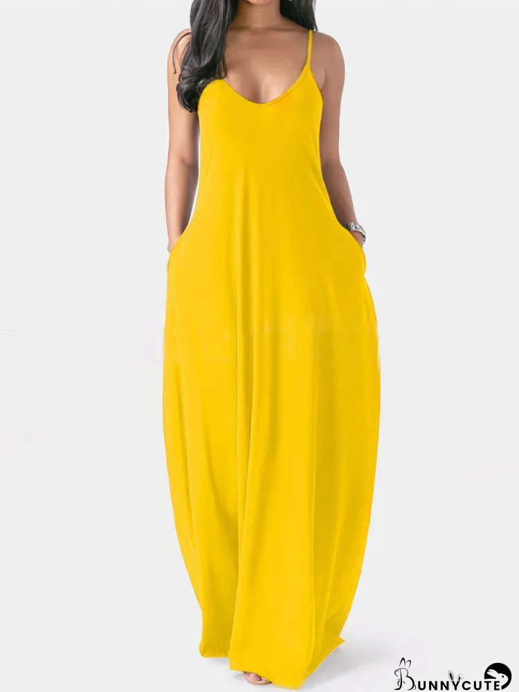 V-neck Solid Pocket Casual Sling Dress