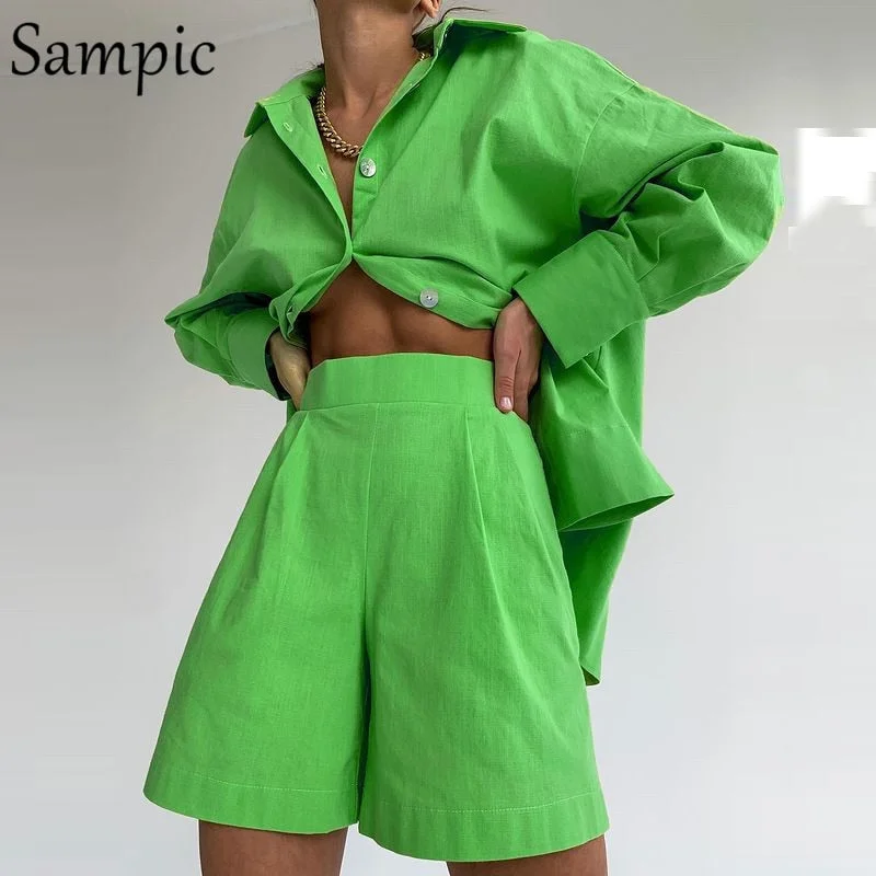 Sampic Casual Long Sleeve Shorts Matching Sets Women Tracksuit Loose Shirt Tops And Mini Shorts Two Piece Set Lounge Wear 2021