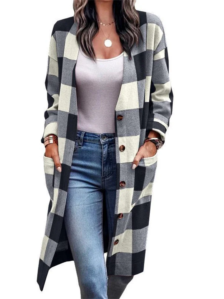 Fall and Winter New Women's Loose Type Plaid Buttons Single Row of Multi-button Pockets Printed Jacket Cardigan Female
