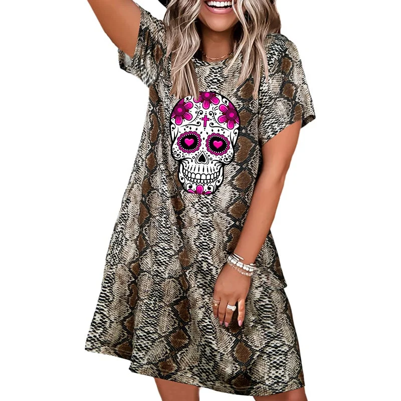 Woman Collar Leopard Skull Print Dress