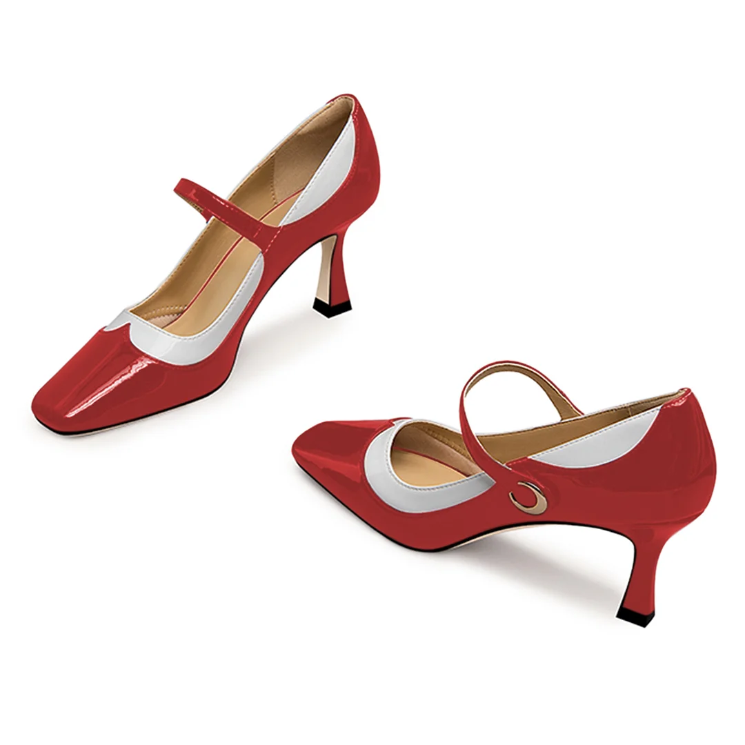 Red & White Patent Leather Square Toe Mary Jane Pumps with Buckle