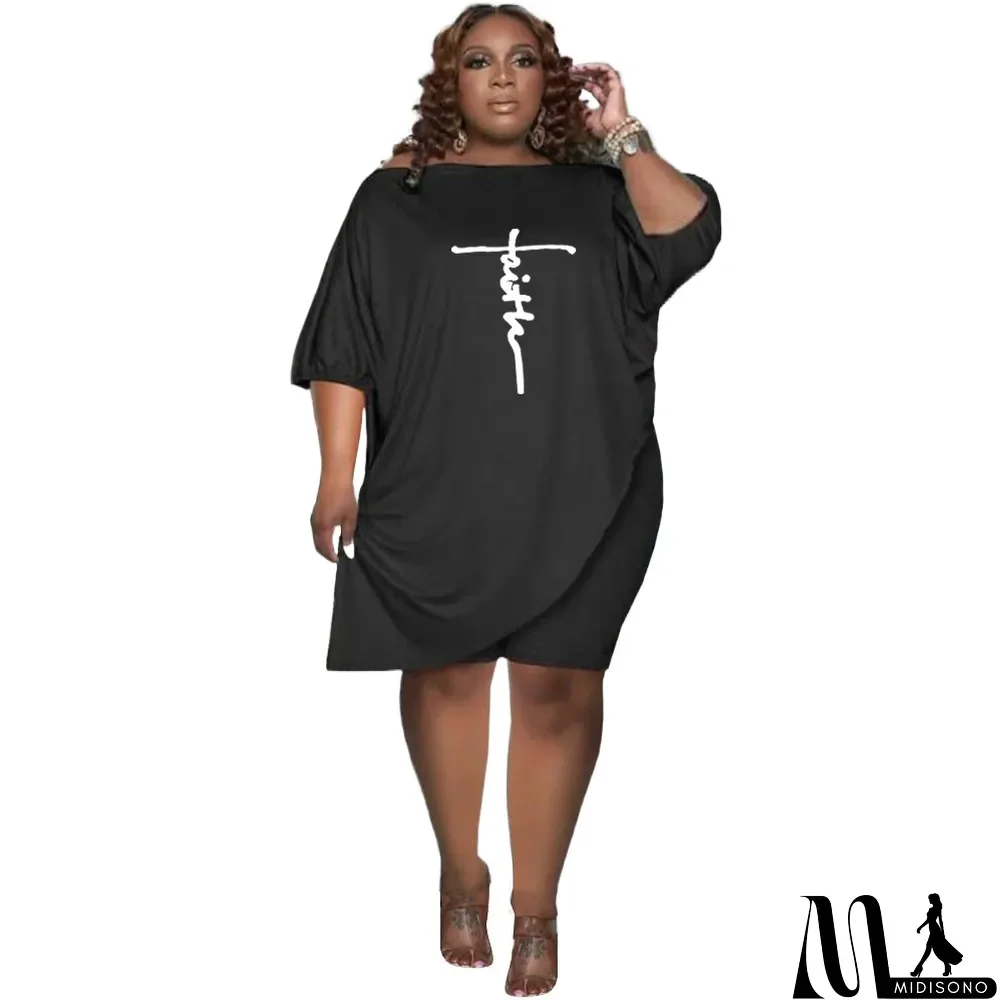 MidiSono - Plus Size Women Summer Loose Solid Color Slanted Shoulder Letter Printing Two-Piece Set